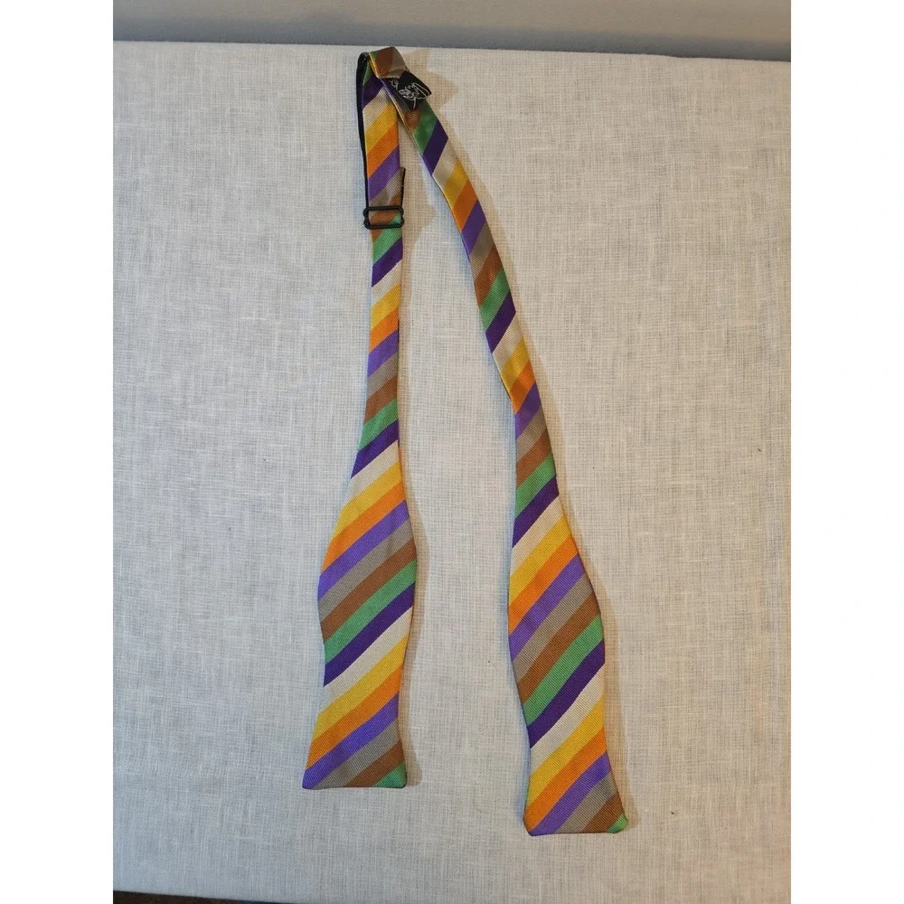 GJ CAHN 100% SILK PURPLE/GREEN/BROWN/YELLOW/TAN Stripe Hand Made Bow TIE